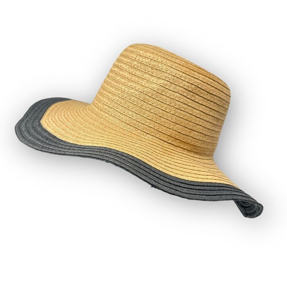Forever 21 Beige Black Soot Floppy Wide Brim Woven Paper Sun Hat One Size OSFM
